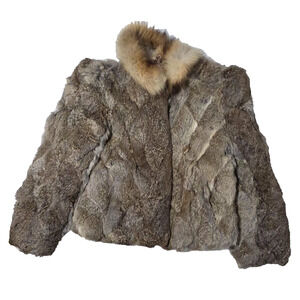 Vintage 80s Genuine Rabbit Fur Jacket with Fox Tail Collar - Made in Hong Kong